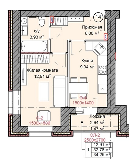 планировка квартиры 34 м2